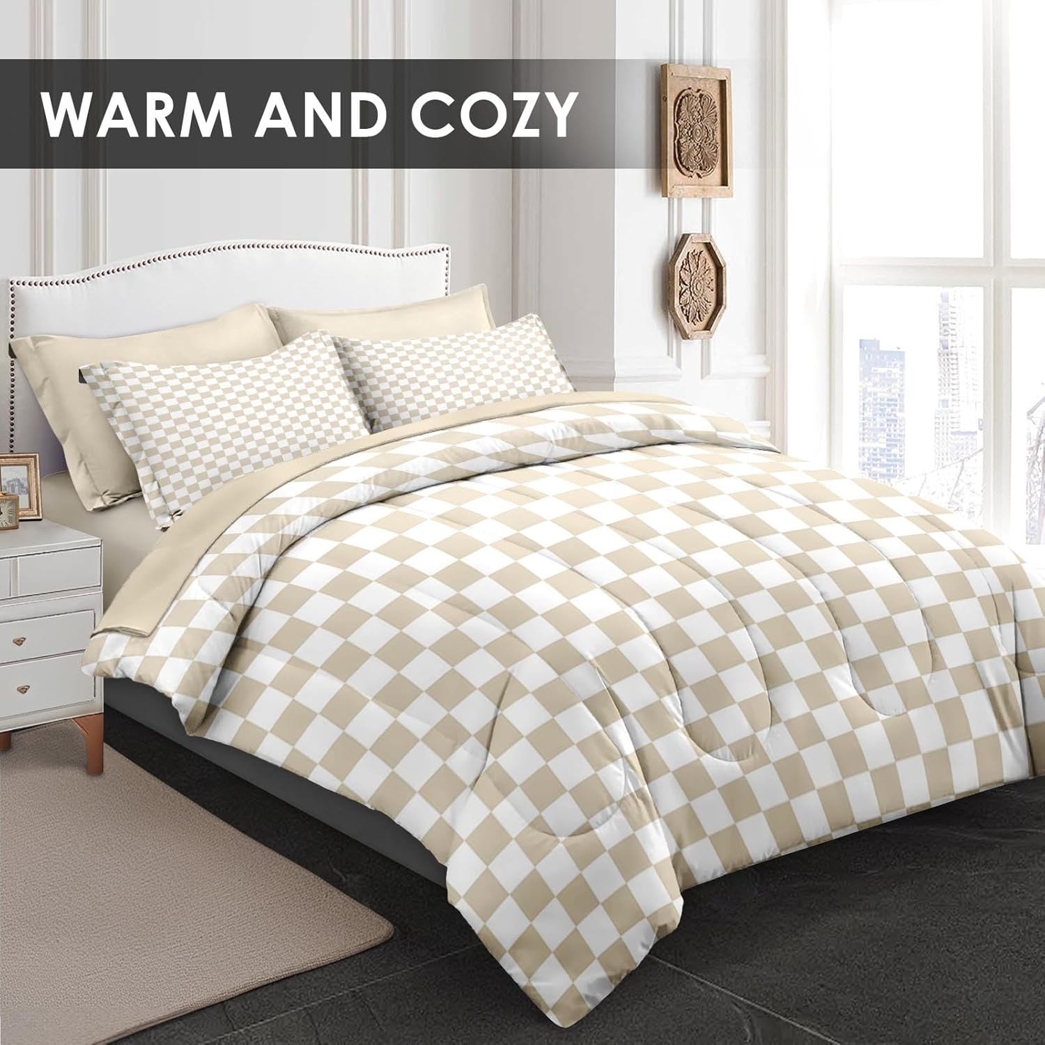 Plaid Checkerboard Grid Geometric Beige Comforter Set 7 Pcs Queen Size Quilt, Modern Checkered Op Art Soft Bedding Set with Flat and Fitted Sheet Pillowcases Sham for Adults Bedroom Bed Decor - Image 5