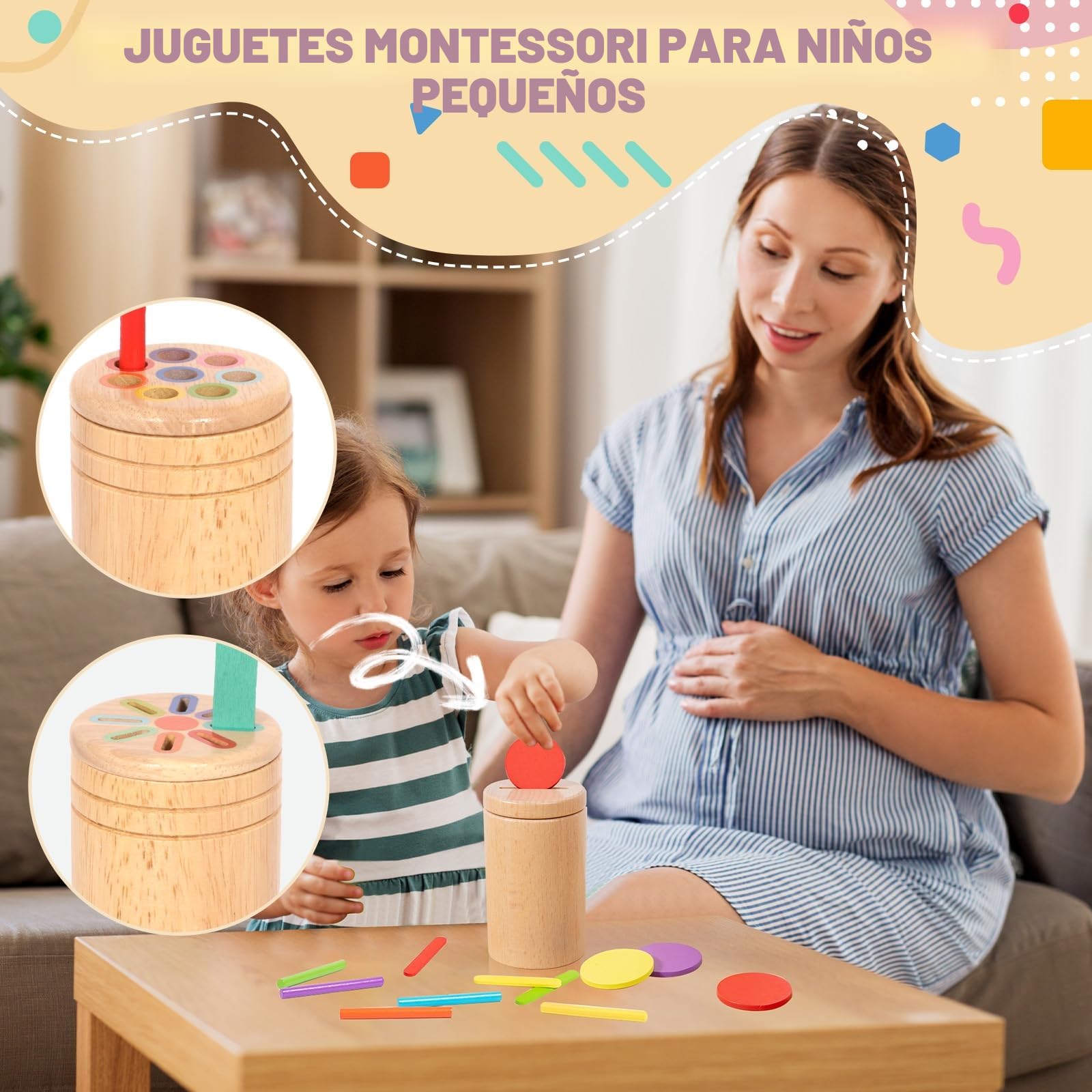 Juguete Montessori 3 En 1 De Madera Para Niños 1 2 3 Años – Clasificador De Colores Y Formas Con Palos Y Discos, Incluye Bolsa De Almacenamiento Y 3 Tapas Intercambiables
