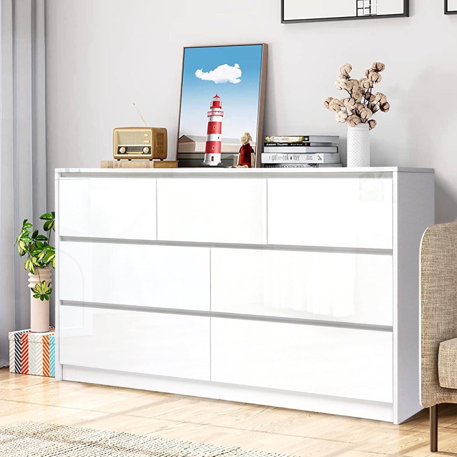 White Malm 7 Drawer Dresser in a bedroom setting.