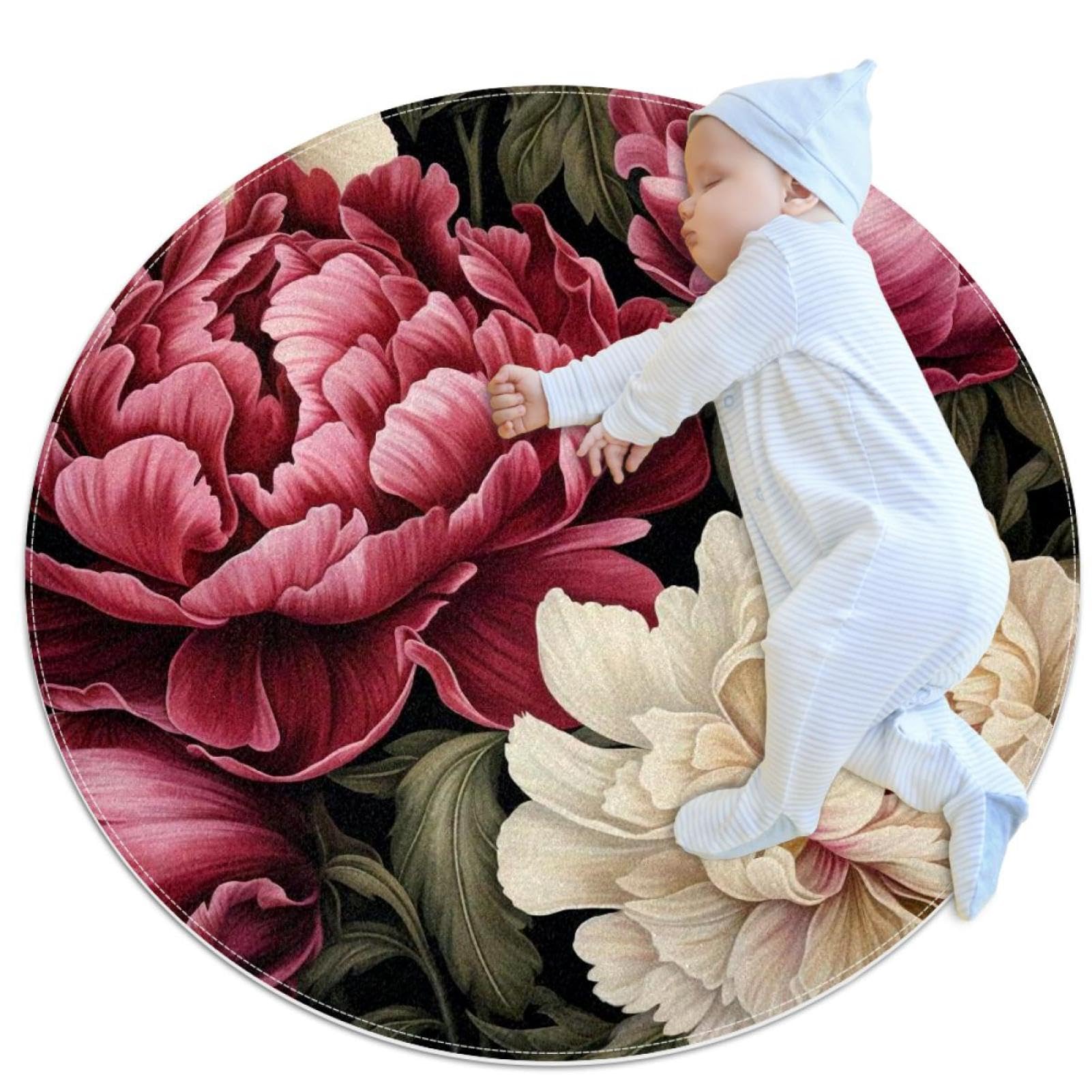Petit tapis de salle de bain rond de 1m, motif pivoine rose et blanc avec envers antidérapant