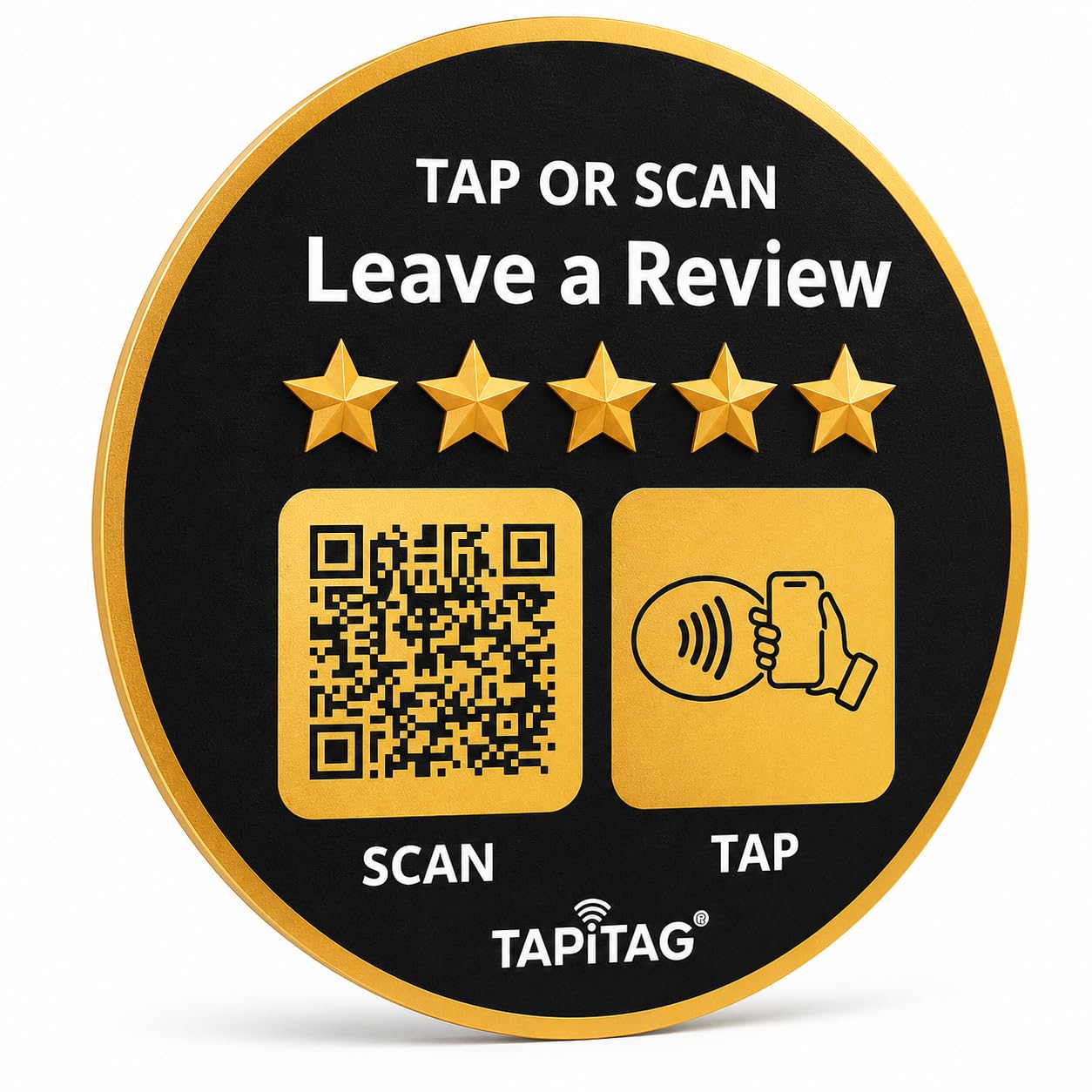 TAPiTAG Google Review Sign with NFC & QR Code - NO Subscription – Tap or Scan to Leave a Google Review, Contactless Review Sign, No App Needed, Works with iPhone & Android (PVC Black & Gold, 70mm)