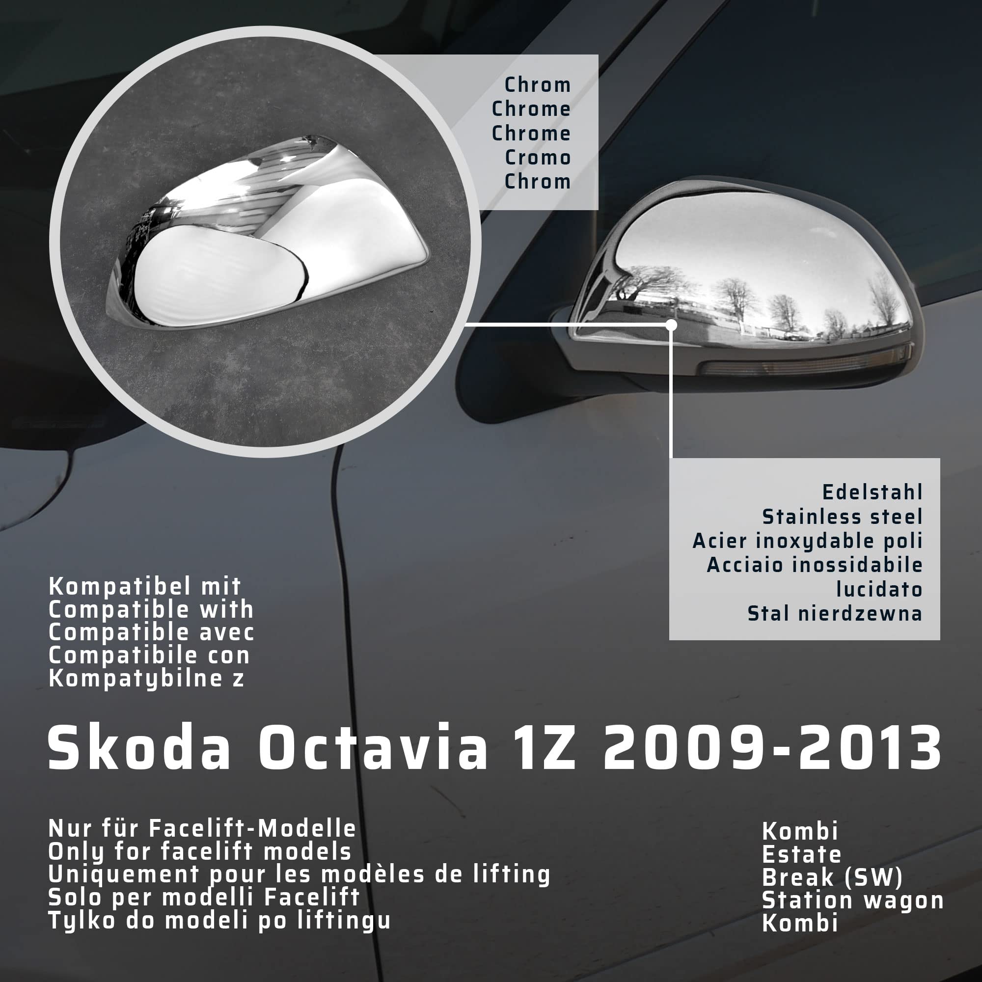 CHROMEMASTER | Nakładki na Lusterka Zewnętrzne | Kompatybilne z Skoda Octavia 1Z Kombi 2009-2013 | Stal nierdzewna; Osłony Lusterek to Niepowtarzalny Wygląd Auta i Ochrona Przed Uszkodzeniem