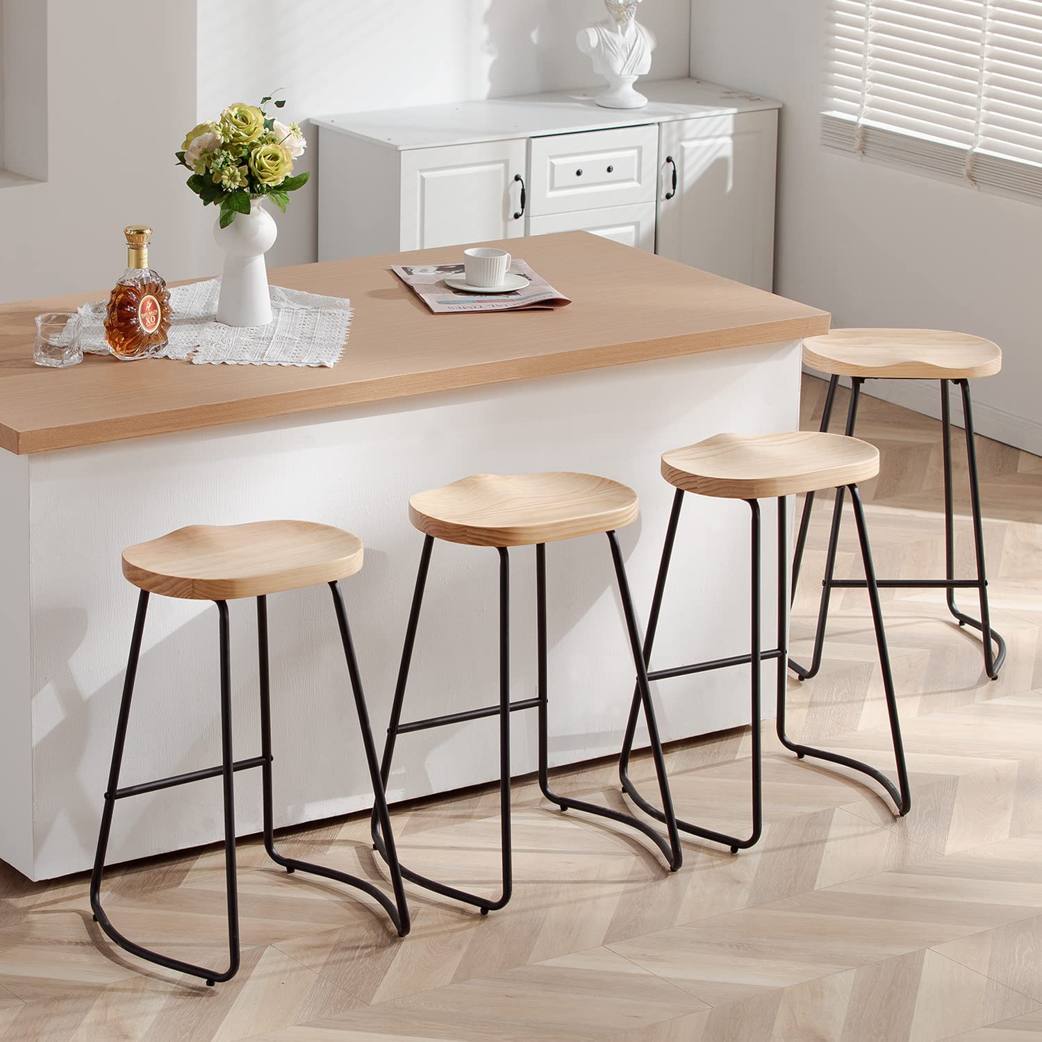HeuGah Bar Stools Set of 4, Saddle Seat Bar Stools with Metal Legs, Rustic Backless Counter Height Stools, Industrial Counter Stools (Burlywood, 26 Inch)