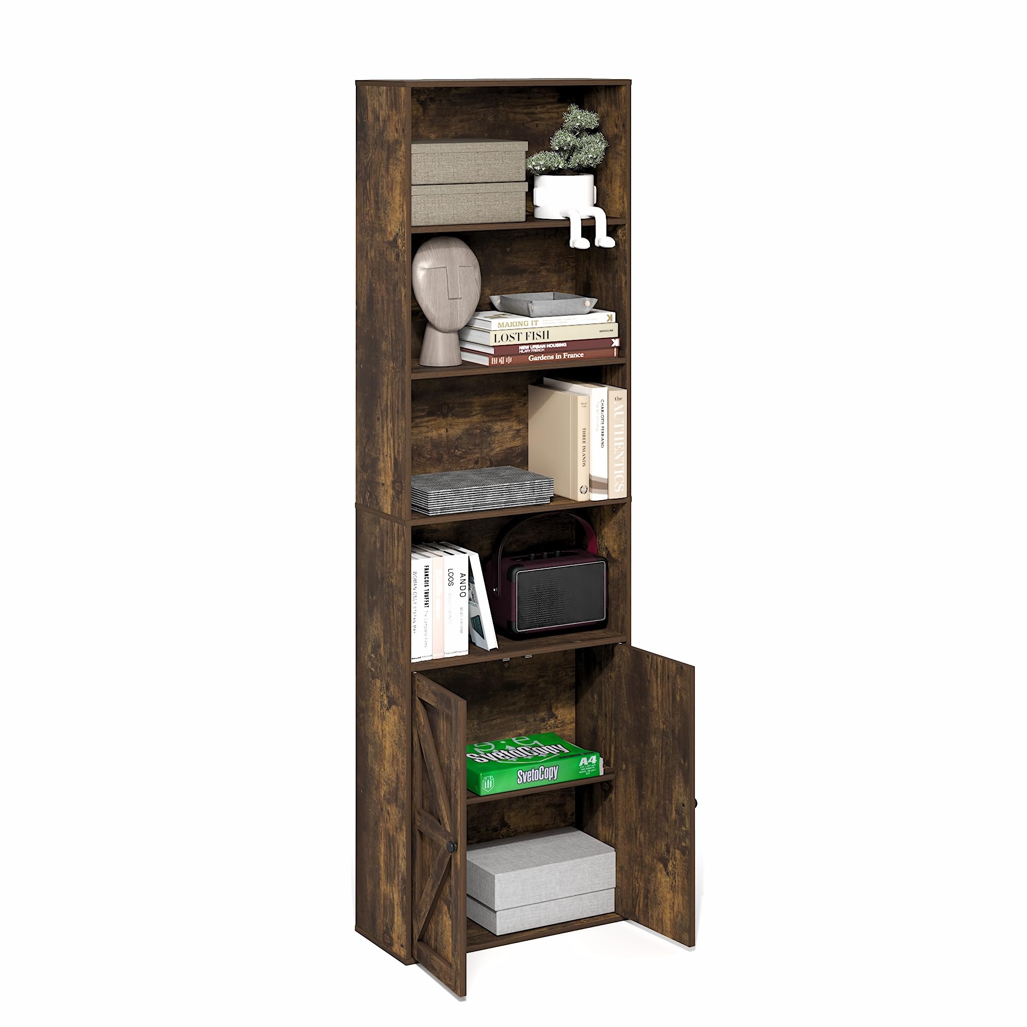 Estantería de 6 niveles rústica Furinno Jensen con puertas inferiores de pino