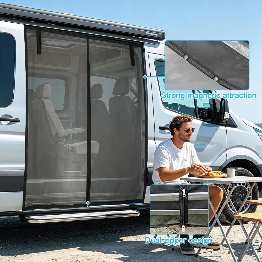 Magnetic Van Bug Nets for VW T5 T6, Magnetic Sliding Door Fly Screen Van, Van Bug Screen Mosquito Net with Central Zipper, Ventilation, Sun Protection, for Camping Travel, 175x150cm — view 2
