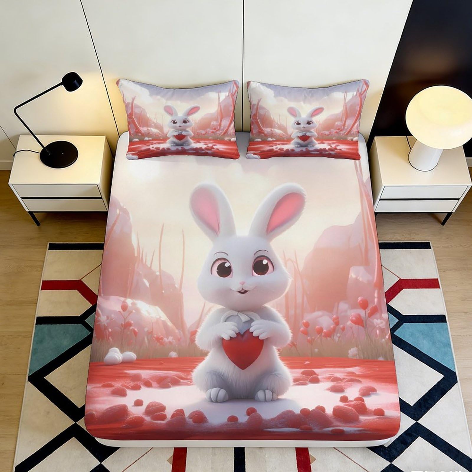 3D Printed Cute Bunny Fitted Sheet Microfiber Soft Pink Cartoon Rabbit Bed Sheet Bedroom Decor Mattress Protection 90x200x25cm