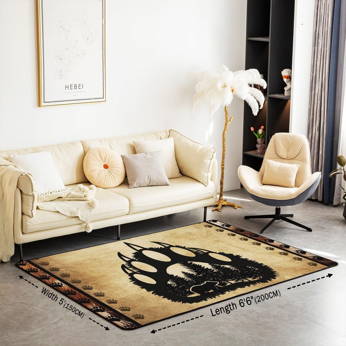 jejeloiu Bear Paw Print Rugs for Living Room Bedroom Boys Nature Wildlife Bear Head Area Rug 4x5 Wild Animal Decorative Carpet Natural Theme Brown Exotic Style Accent Rug