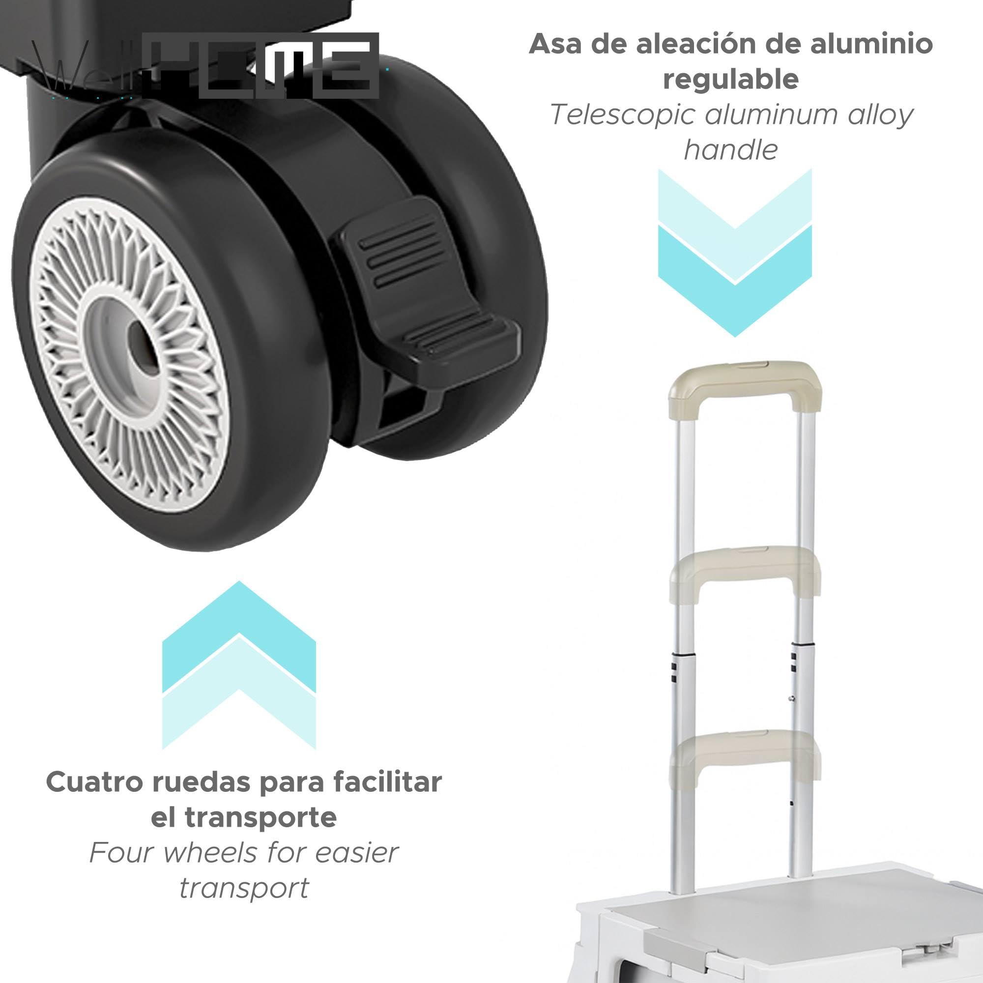 Well Home Carro de la Compra Plegable Tipo Caja con Tapa y Ruedas, Caja de Almacenaje para Maletero de Coche, Asa Telescópica Reforzada, Capacidad 56L
