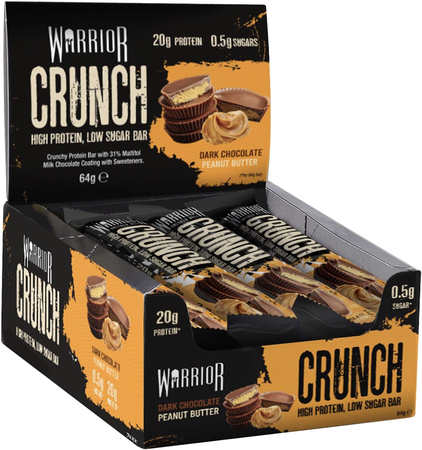 Crunch - High Protein Bars - 20g Protein Each Bar - Low Carb, Low Sugar Snack - 12 Pack x 64g (Dark Chocolate Peanut Butter)