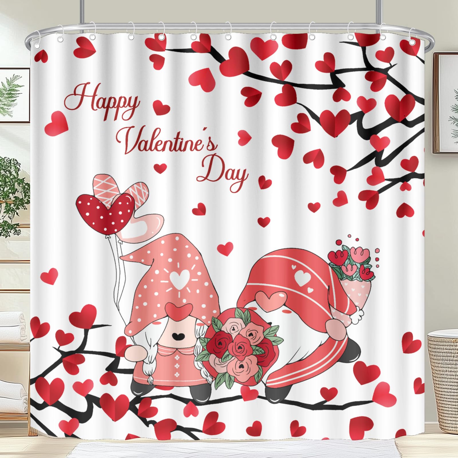 72x72 Inch Valentines Shower Curtain Hearts Valentine Bath Curtains Set Gnomes Cute Romantic Water Repellent Fabric Shower Curtains for Bedroom