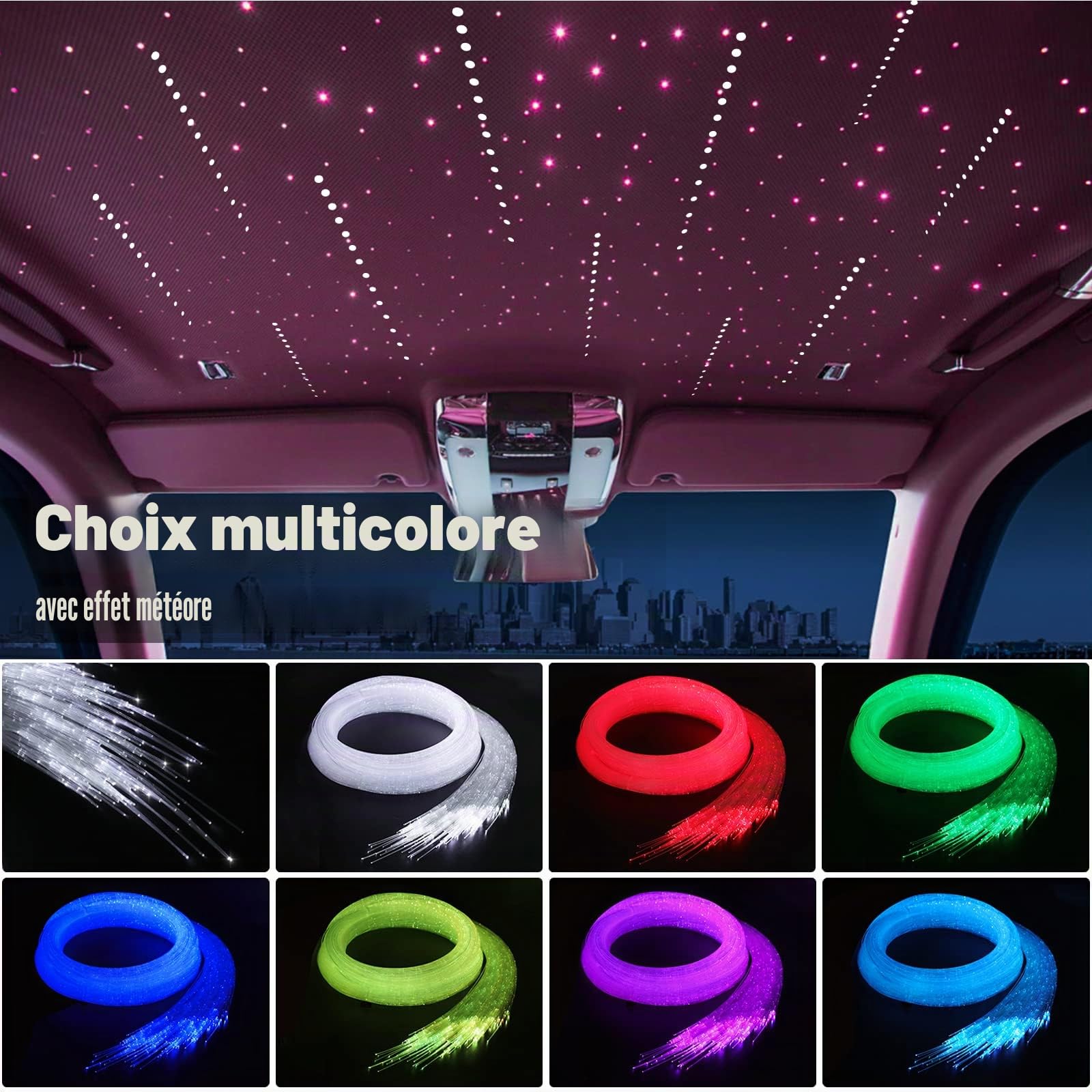 16W RGBW Fibre Optique Lumineuse, 400pcs (0.75+1.0+1.5mm)*3m LED Bluetooth/Télécommande, Ciel Étoile + Kit Éclairage Étoile Filante Voiture