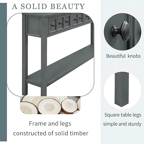 Miniatura 11 de Merax Mesa de sofá larga con cajones y estante para entrada, mesa de pasillo de fácil montaje, color blanco antiguo Blanco antiguo,Espresso,Gris