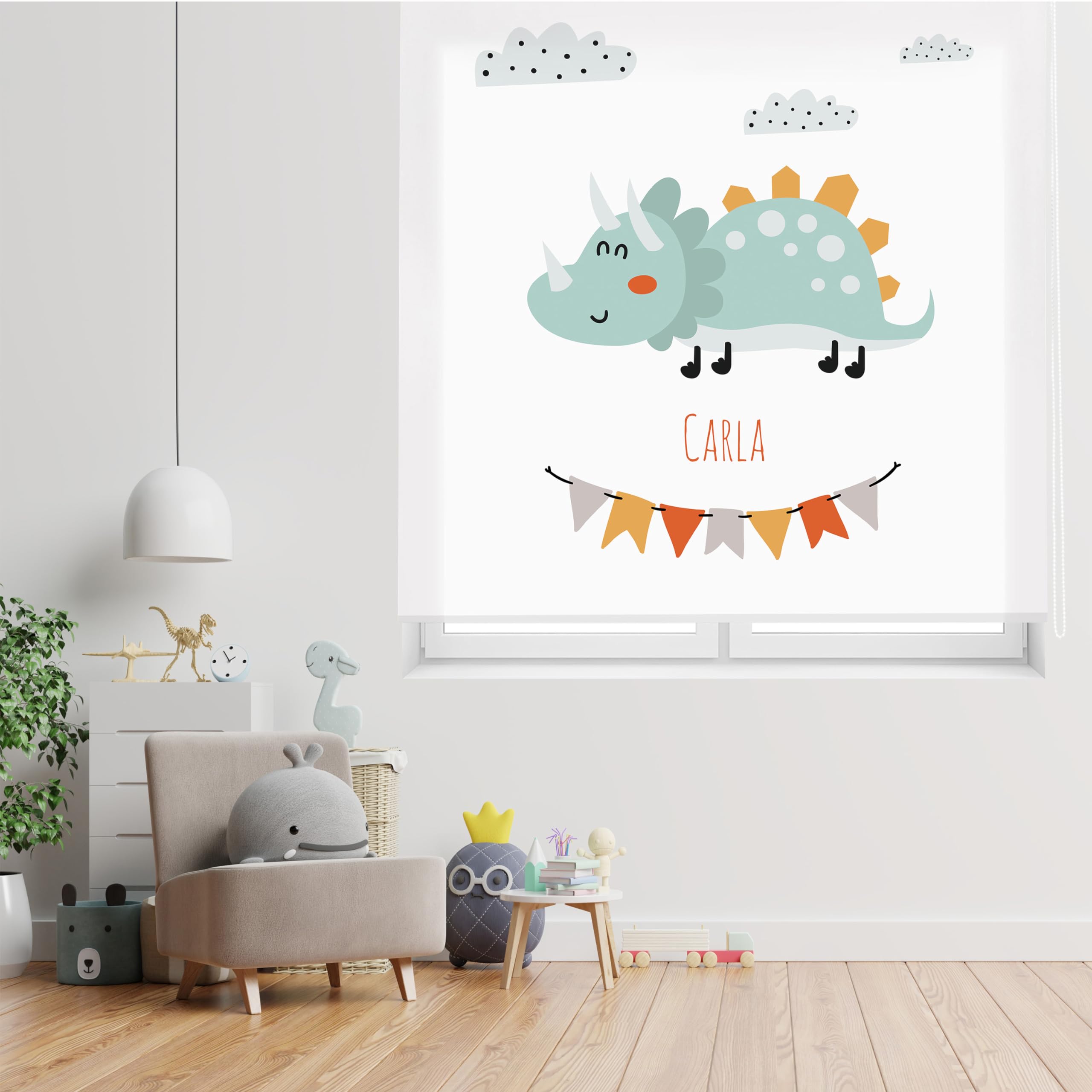 Blindecor | Estor Personalizado con Nombre | Estor Infantil 180 x 180 cm | Estores Enrollables con Impresión Digital Translúcido | Dibujo Cretacico