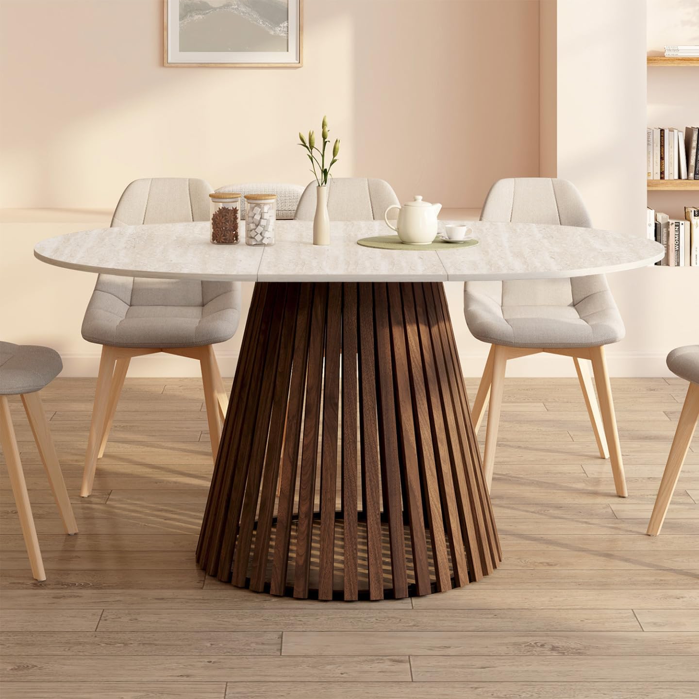 IDMarket - Esstisch, ausziehbar, rund, Carmen, 4-8 Personen, Fuß aus Nussbaum, Latten, Platte mit Travertin-Effekt, 110 – 150 cm