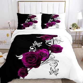 Juego de ropa de cama con flores de rosas 220x240 cm, juego de ropa de cama con estampado floral de microfibra con cremallera, ropa de cama suave, agradable y transpirable (Flores-3