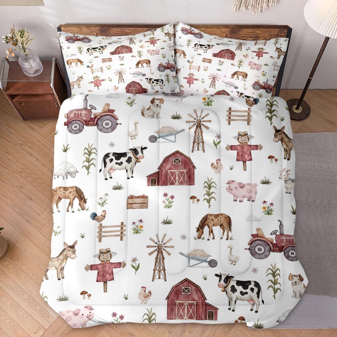 Twin Size Comforter Set with Pillowcase, Farm Animal Tractor House Tree Soft 2 Pcs Bedding for Kids and Adults Bedroom Bed Decor