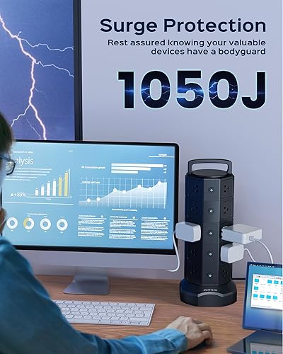 Miniatura 7 de Torre de regleta de alimentación, 20 salidas de CA, 6 puertos USB (2 USB C), protector de sobretensiones 1050J, estación de carga de escritorio de