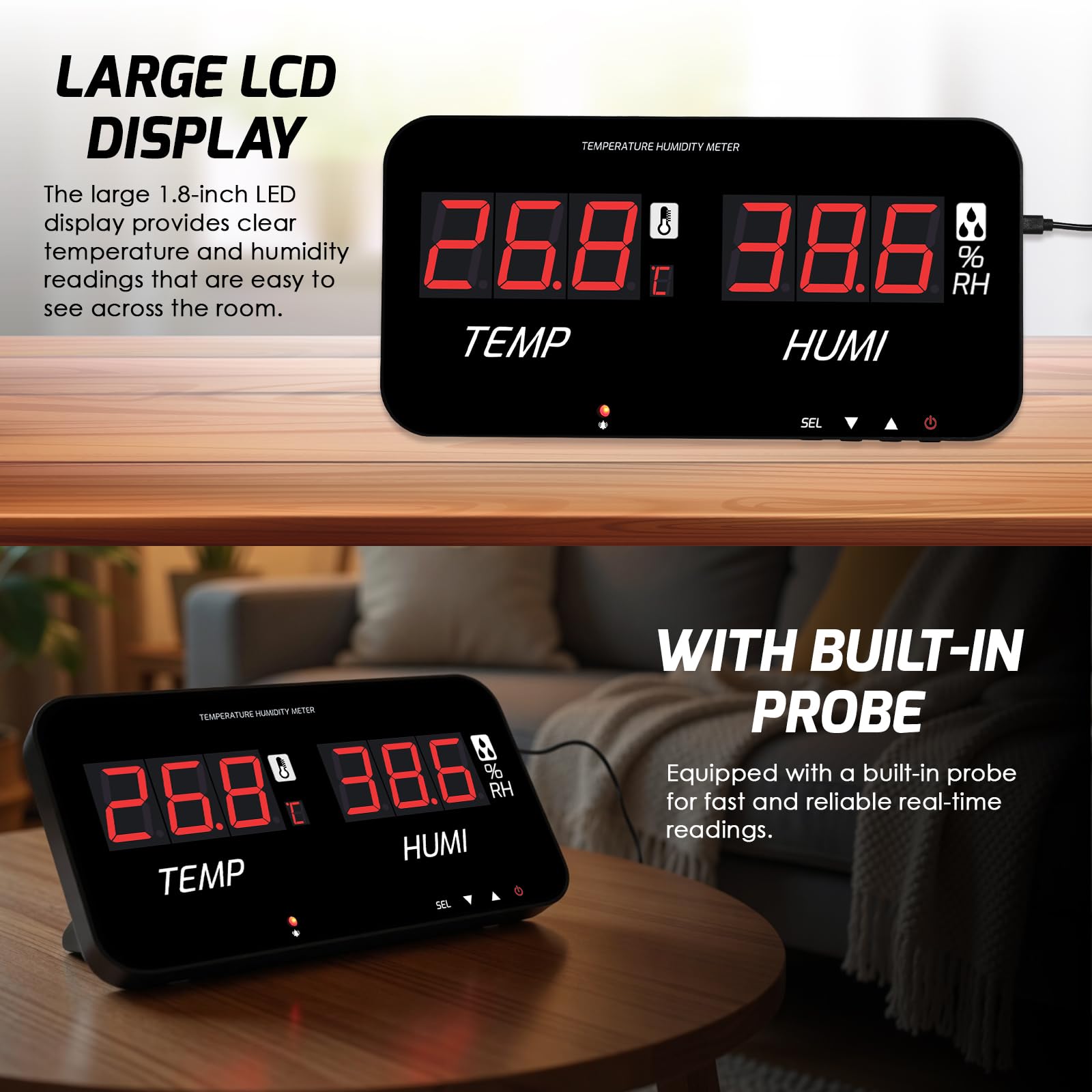 Termómetro higrómetro digital con pantalla LED grande, monitorea temperatura y humedad interiores, alarmas sonoras y visuales ajustables, sonda integrada, USB-C, montaje en pared o en mesa. en la