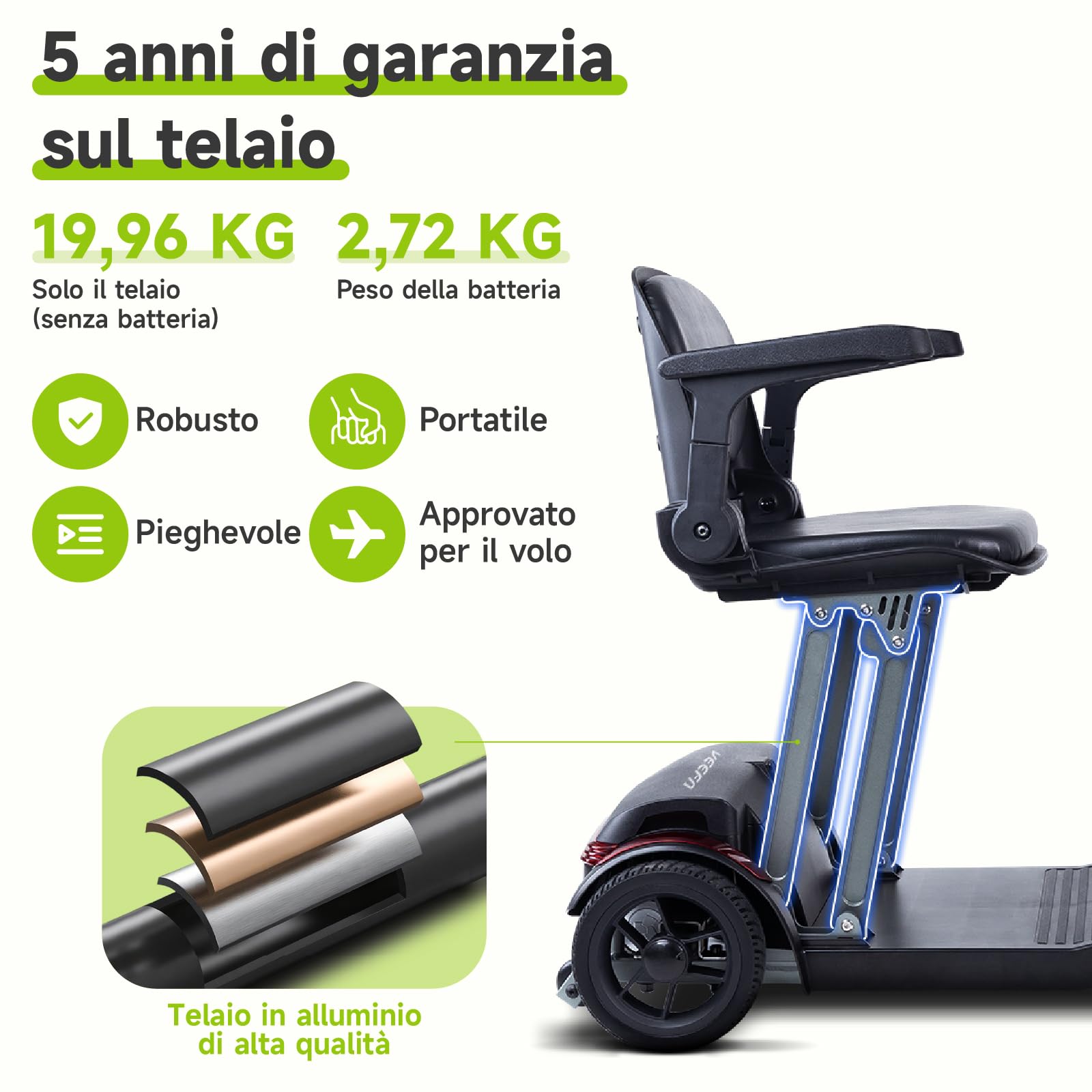 Veicolo Elettrico a 4 Ruote per Anziani, Struttura In Alluminio da 20 kg