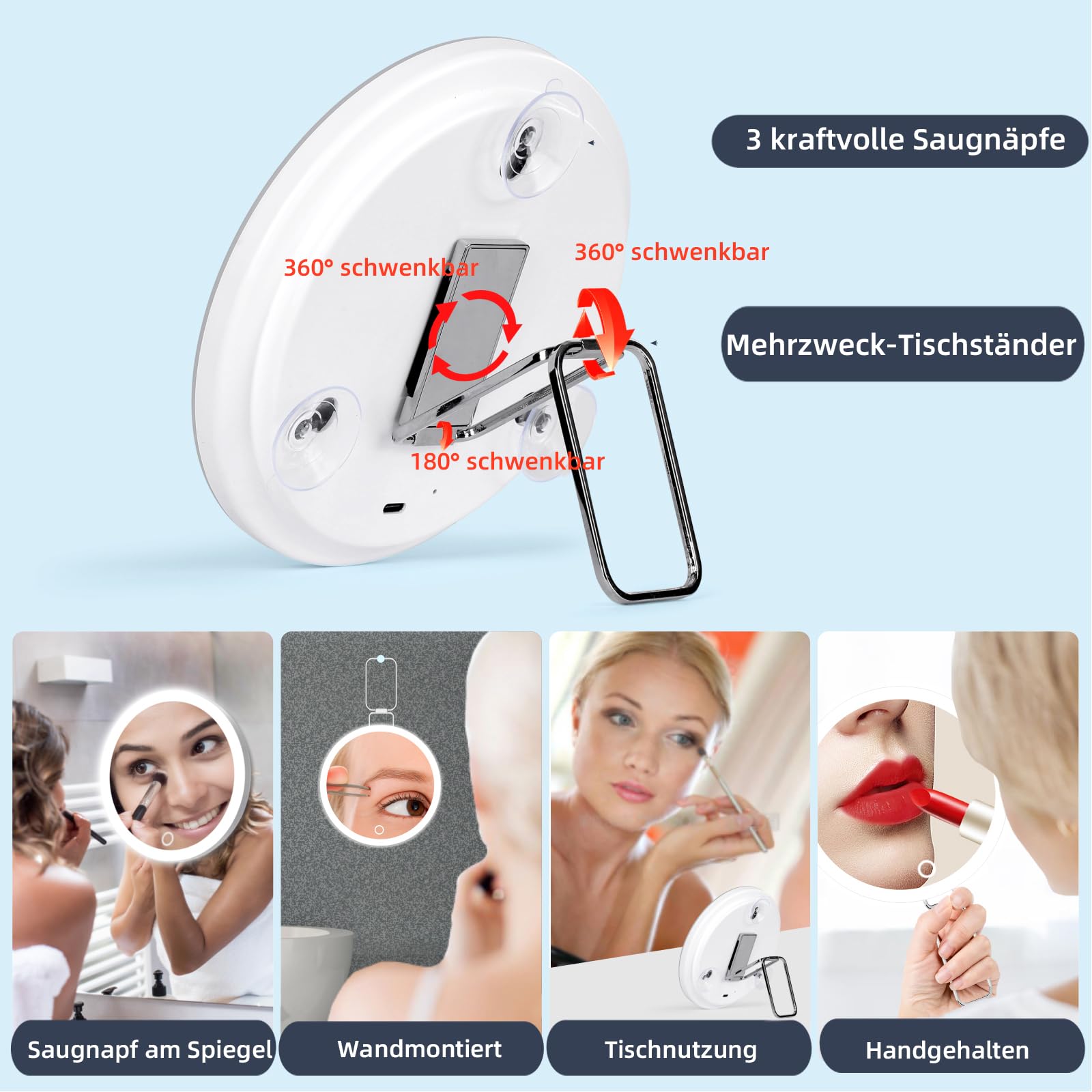 Miroir Grossissant X10, Luminosité Réglable, Miroir De Bureau LED Pliable Et Rechargeable Pour Chambre Coiffeuse Et Voyage 90380477