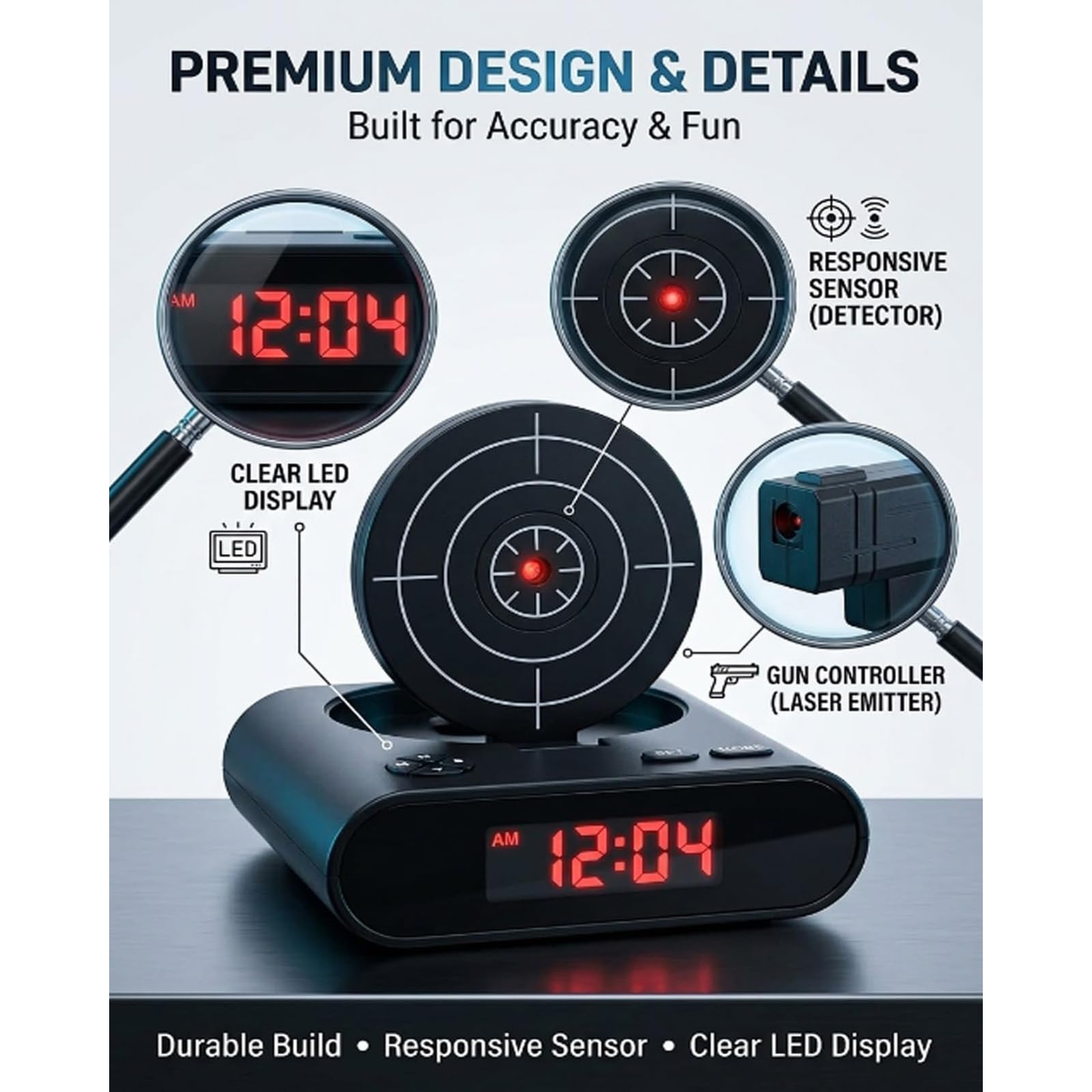 Sveglia interattiva con pistola e bersaglio, timer digitale LED 2 modalità allarme, orologio personalizzato per sonno pesante (Army Green)