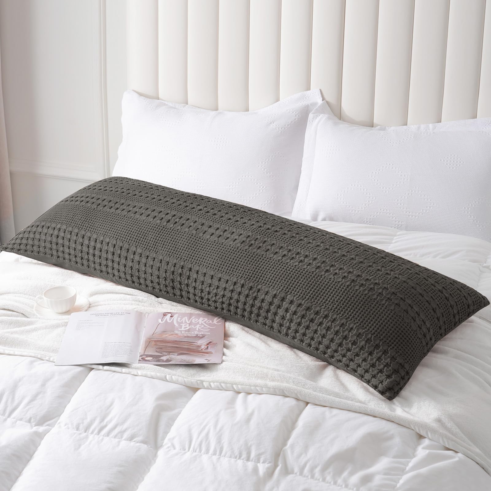 PHF 100% Cotton Waffle Body Pillowcase Cushion Cover with Zipper, 1 Pack 20'' X 54'' Soft Breathable Skin-Friendly Pillow Sham, Aesthetic Decorative Waffle Weave, No Filling, Charcoal Grey