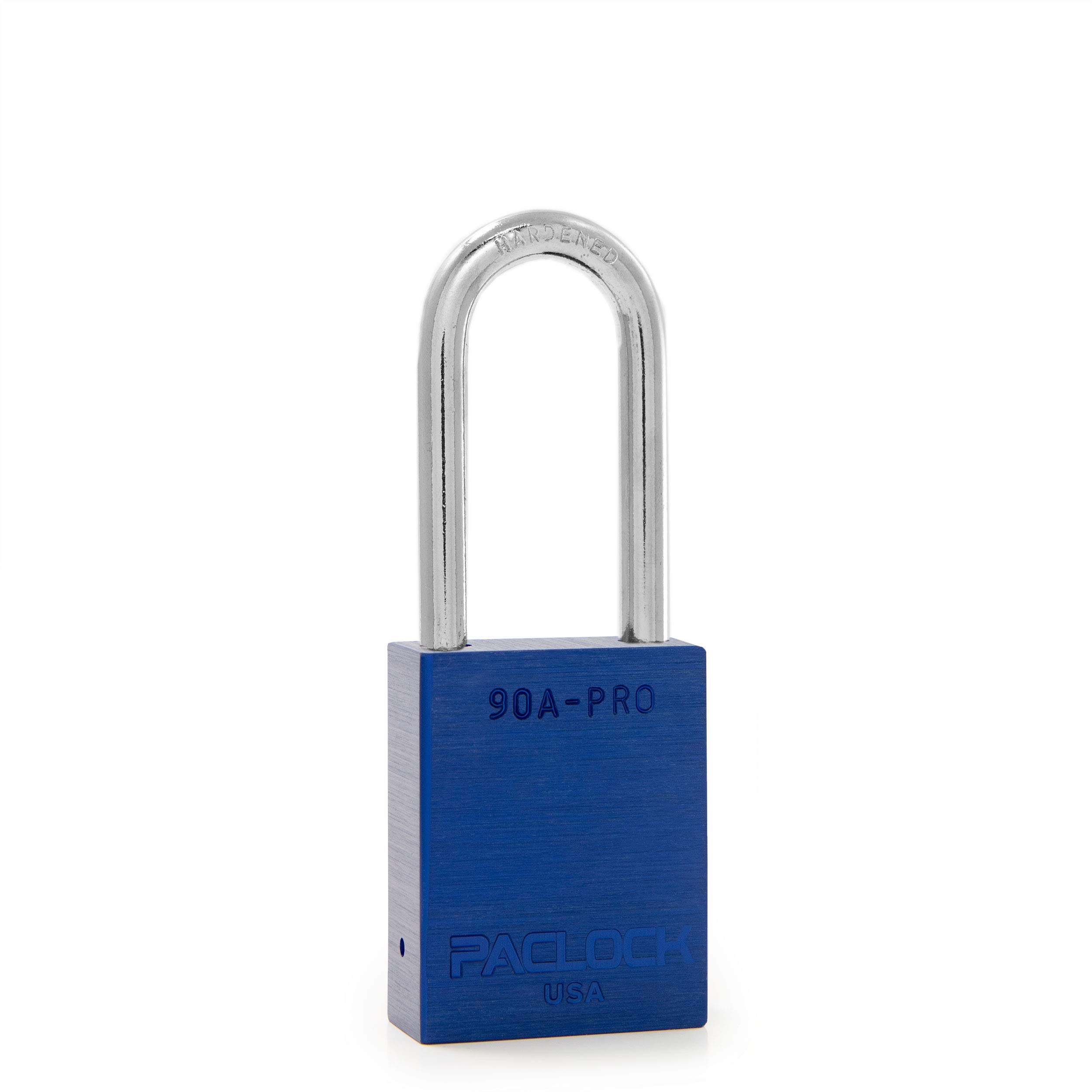 PACLOCK's 90A-PRO Padlock, 1/4" Diameter Hard. Steel Shackle, 2" Tall, High Performance 7-Pin Cylinder w/ 1 Key, Keyed Alike, Blue