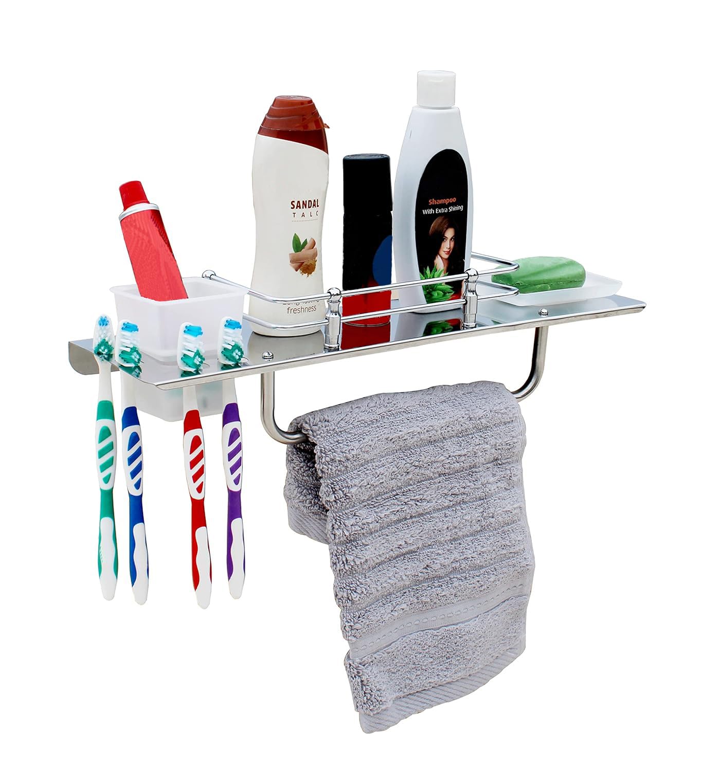 STONE Stainless Steel 5 in 1 Multipurpose Bathroom Shelf with Soap Case and Tumbler Holder– Bathroom Rack - Soap Dish –Toothbrush Holder – Towel Hanger Rod – Bathroom Accessories (17 Inch)