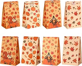 24 PCS Fall Treat bags with Stickers Thanksgiving Paper Bags For Candy Goodie Snack Cookie Gift Wrap Autumn Maple leaf Pumpkin Turkey Pouch Happy Friendsgiving Bag Party Favors Supplies Decorations