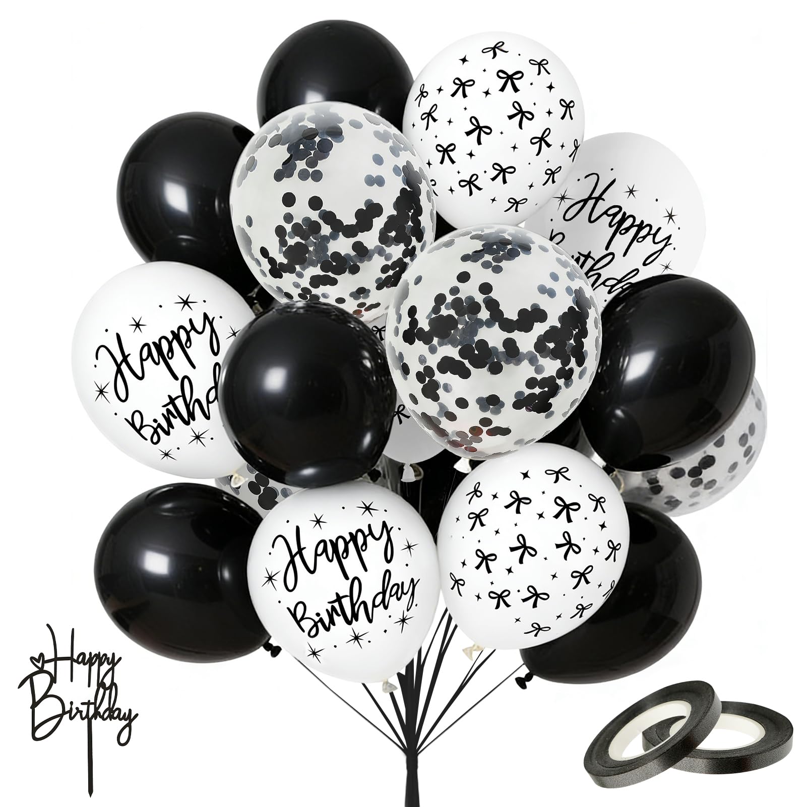 Motiv,Schwarz und Weiß Helium ballon Latex,Schwarz Glitzer Ballons,2 Stück Schwarz Satinband 10m für Kinder Geburtstag, Hochzeit, Babyparty, Jahrestag Dekoration