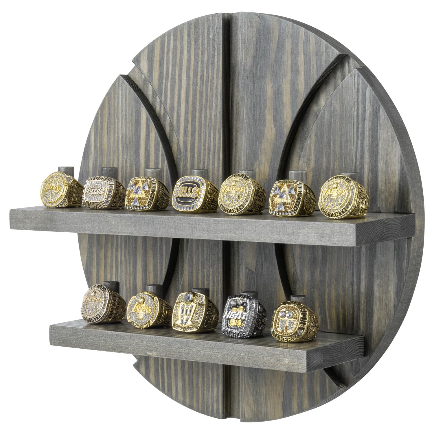 MyGift 2 Tier Wall Mounted Rustic Burnt Solid Wood Sports Championship Ring Holder with Basketball Cutout Backing, Jewelry Storage Display with 12 Pegs (Vintage Gray)
