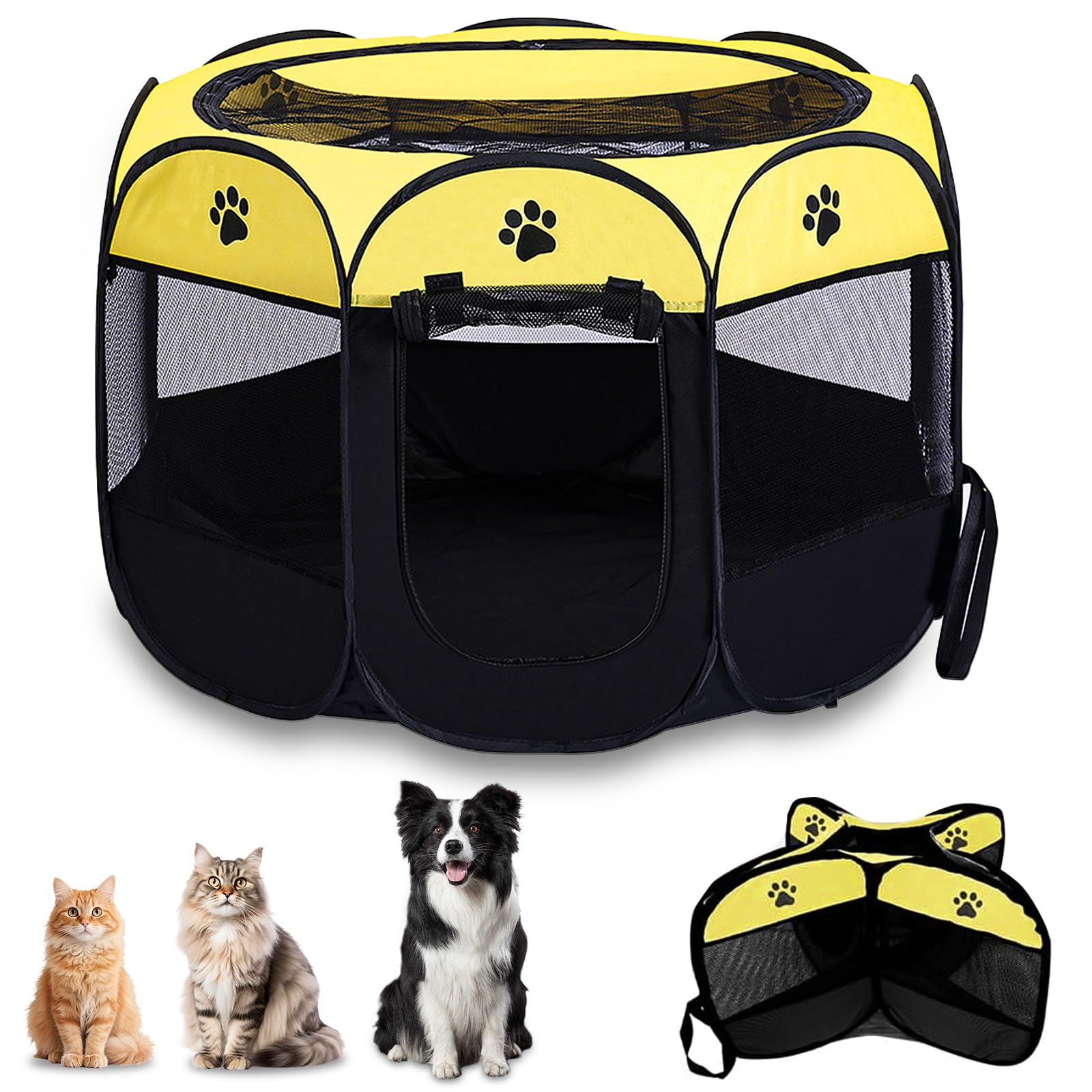 Recinzione per cuccioli, pieghevole, 74 x 74 x 43 cm, portatile, per piccoli animali, per interni ed esterni, per cani, gatti, coniglietti (giallo)