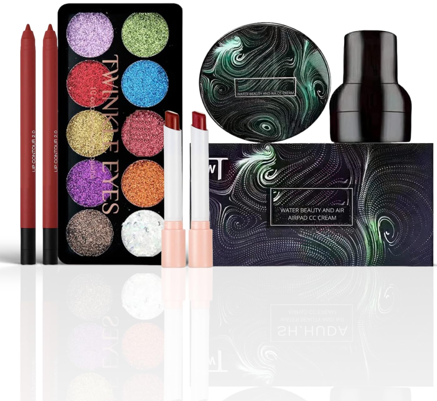 HUDACRUSH Makeup kit for Women - 10 Color Glitter Eyeshadow Palette, Suni sa Air Cushion BB CC Cream Foundation with Sponge & Mirror, 2Pcs Matte Lipstick Combo Pack and Lip Liner Contour Pencil