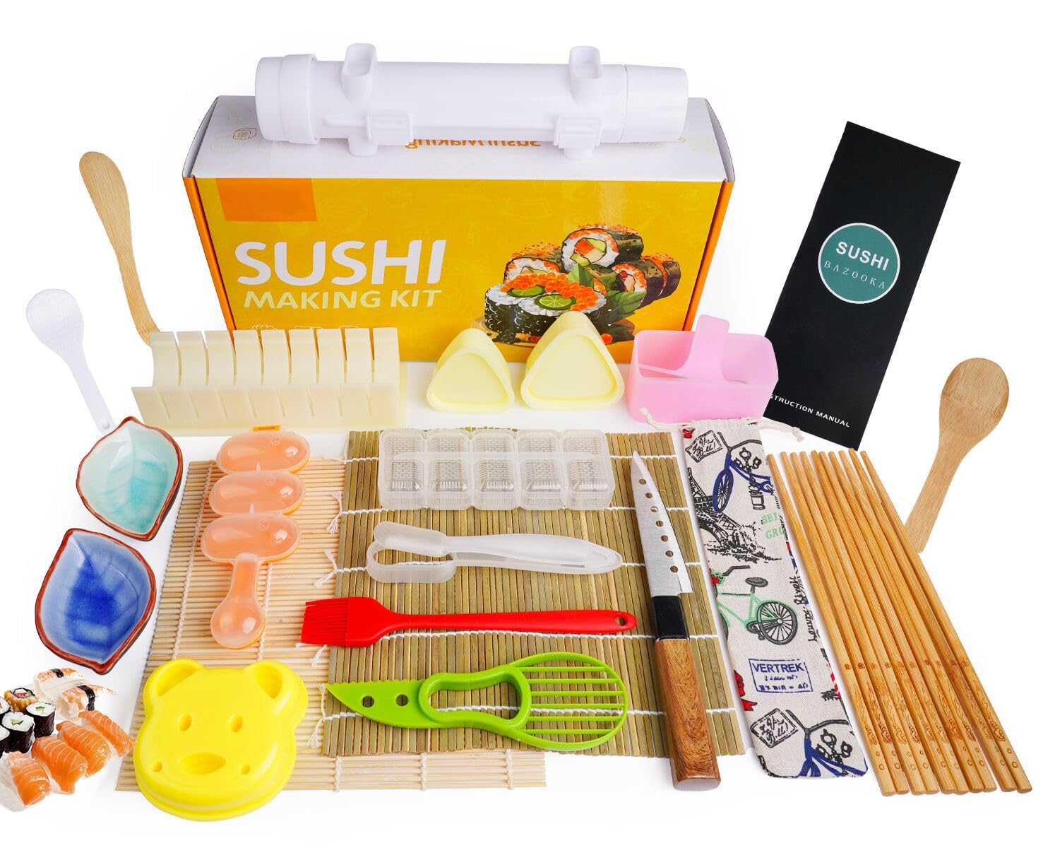 Doiaz Sushi Making Kit - Professional Sushi Maker Set with Bazooka Roller, Bamboo Mats, Musubi Maker, Onigiri Mold, Sushi Knife, Ceramic Dishes and More - Ideal for Sushi Beginners