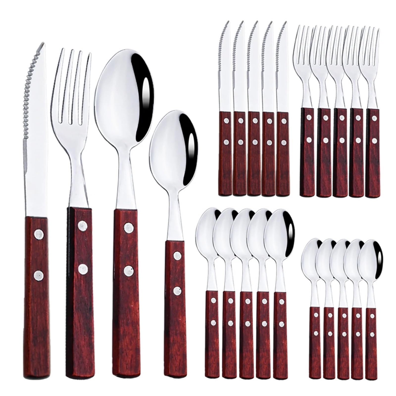 Juego de cubiertos con mango madera, vajilla acero inoxidable, tenedor, cuchara té, 24 Uds(Red wood 24pcs)