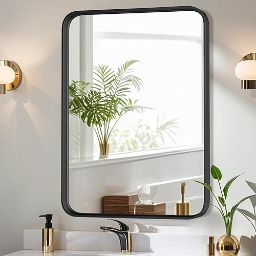 Bathroom Mirror 36x24 Inch Black Metal Framed Rounded Rectangle Vanity Mirror for Wall, Over Sink, Farmhouse, Restroom, Anti-Rust, Modern Decorative, Horizontal or Vertical Hanging