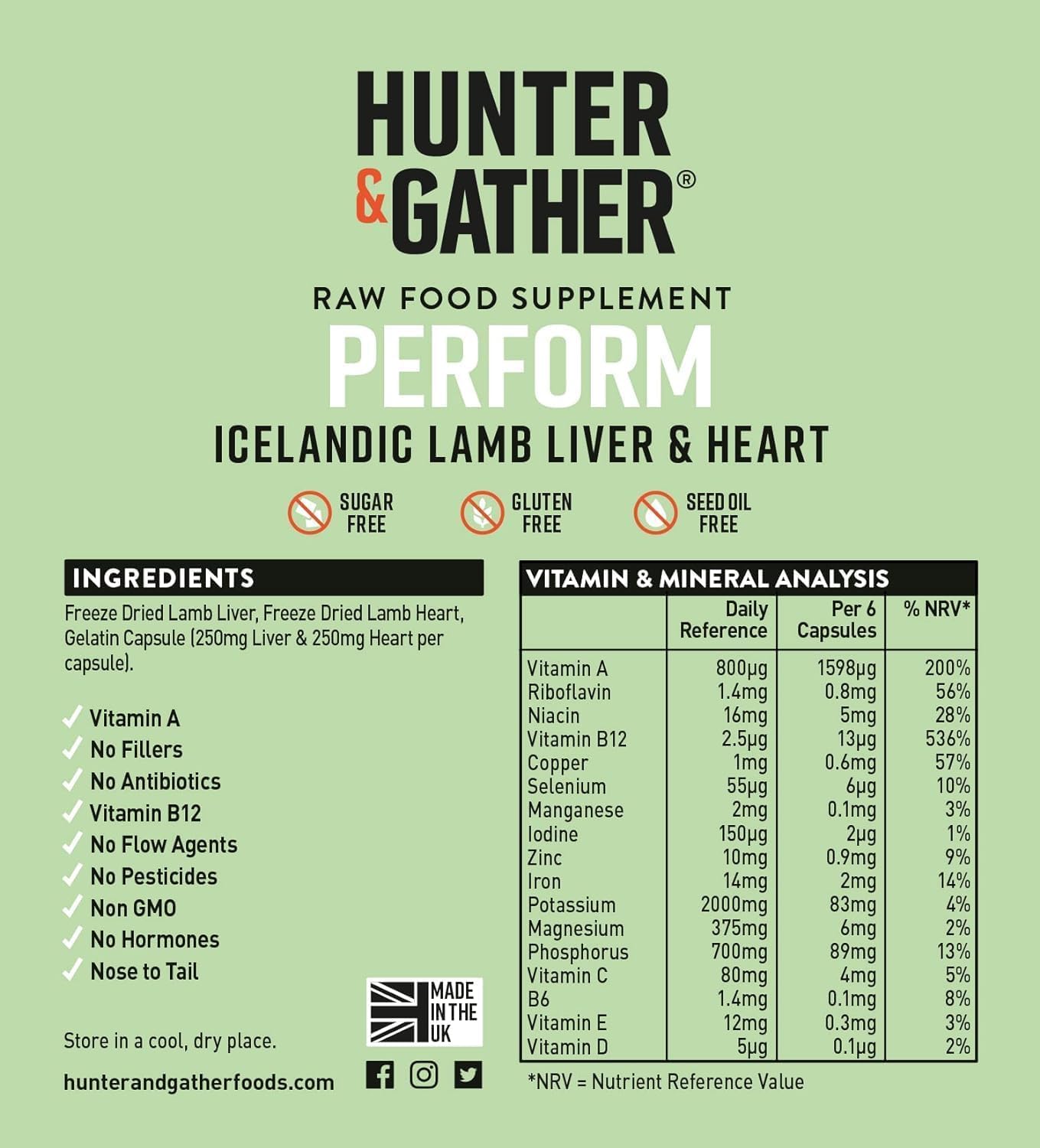 Hunter & Gather Lammleber und Herz Kapseln aus Ganztiernutzung – 90 Kapseln | Grasgefüttertem isländischen Lamm | 100% rohe gefriergetrocknete | Keine GMV-Fütterung, Antibiotika oder Hormone