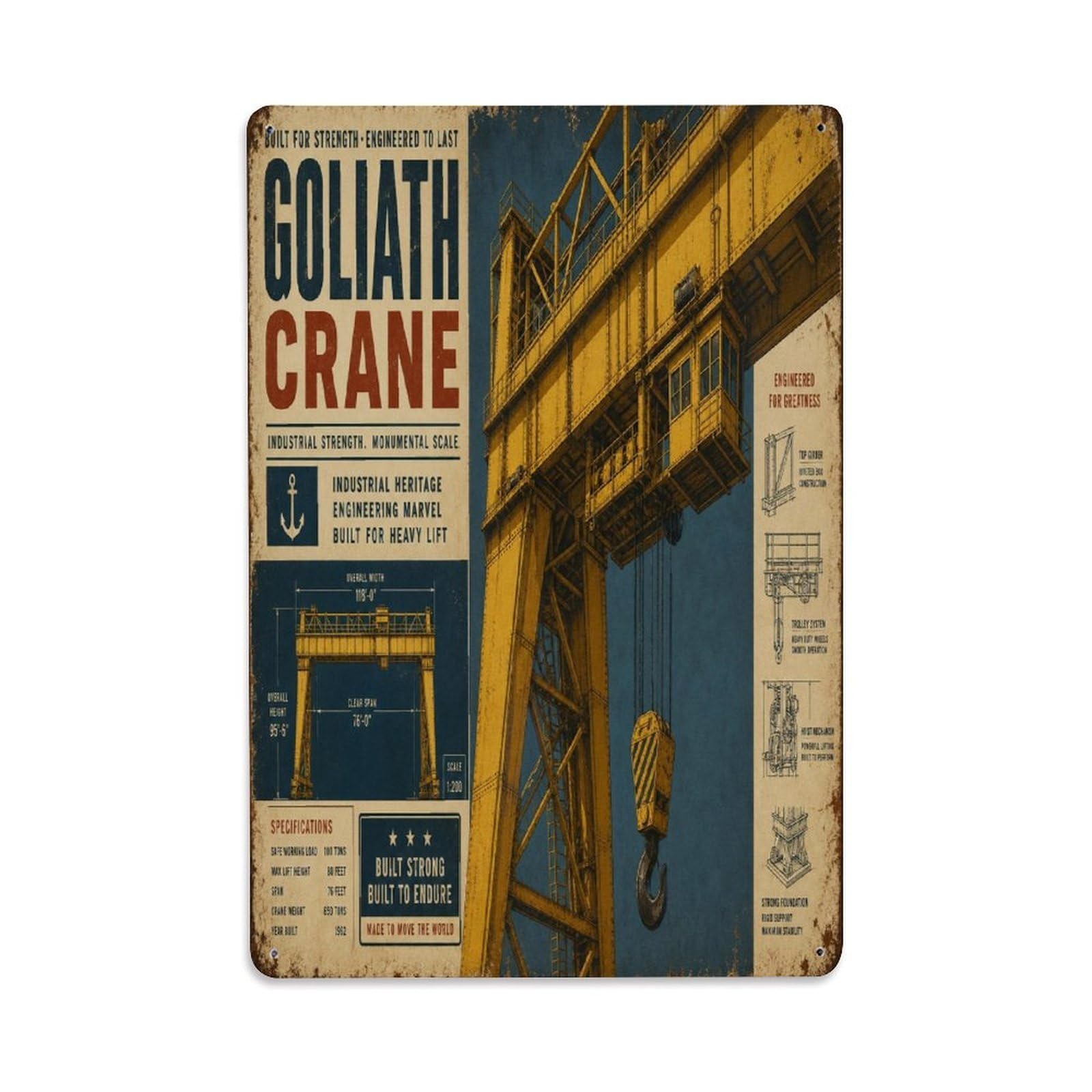 Belfast Giant Crane Northern Ireland Maritime Metal Tin Sign Plaque Wall Decor for Cafe, Man Cave, Club Bar, Office, Home Garden Round Metal Poster 8x12Inch