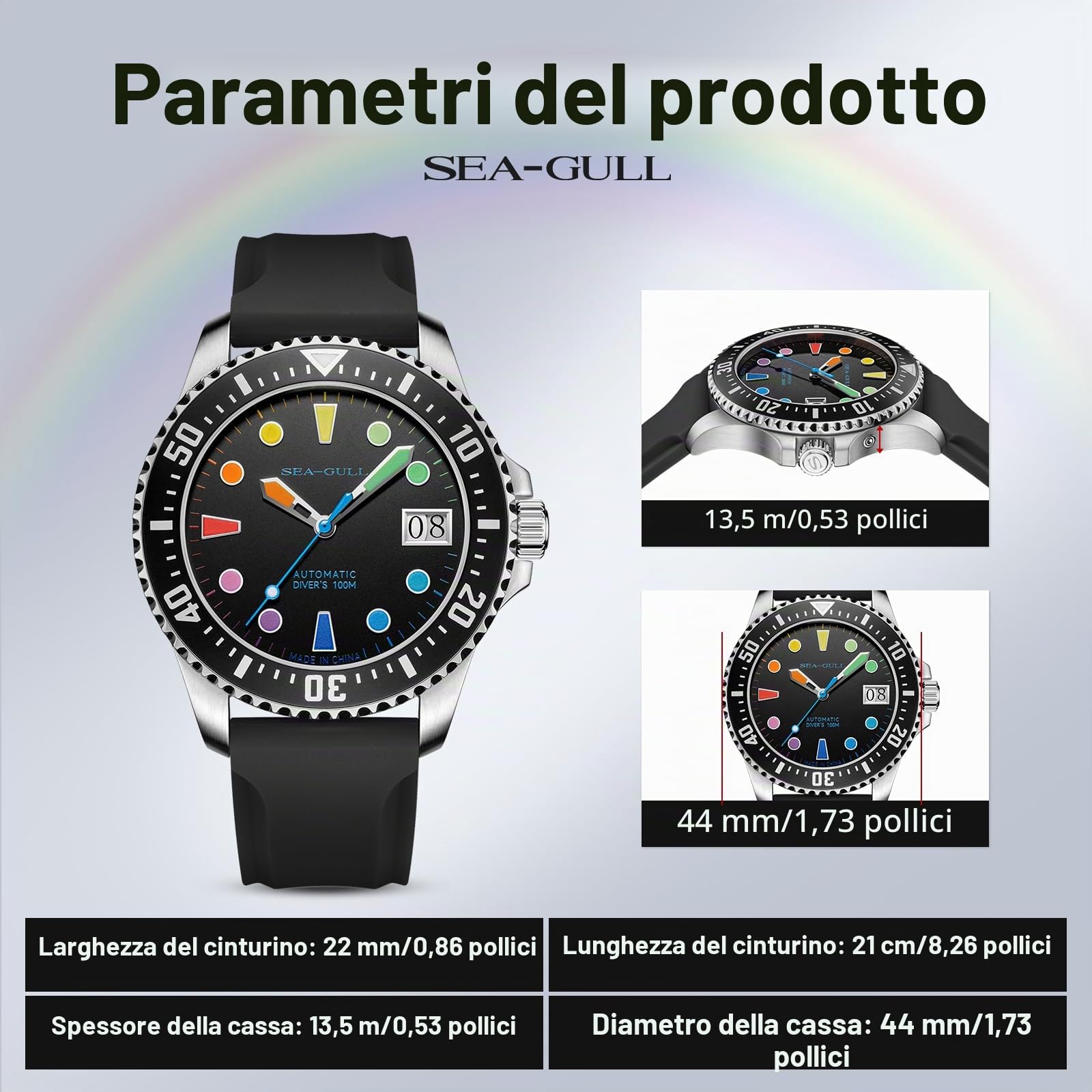 SEA-GULL Orologio automatico da uomo, impermeabile fino a 100 m, orologio da polso meccanico con quadrante colorato, vetro zaffiro sintetico, cinturino in silicone