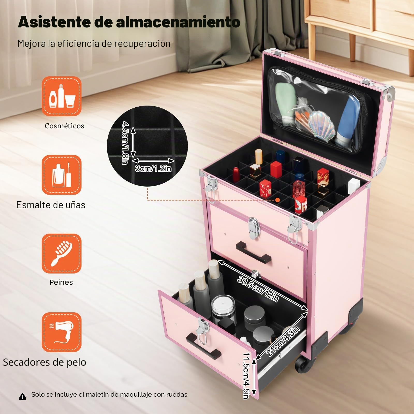 Maletín de cosméticos con carro, grande maletín de maquillaje de 3 capas con 2 cajones, maletín rodante de maquillaje, neceser portátil con 4 ruedas, maletín de belleza para equipaje de mano