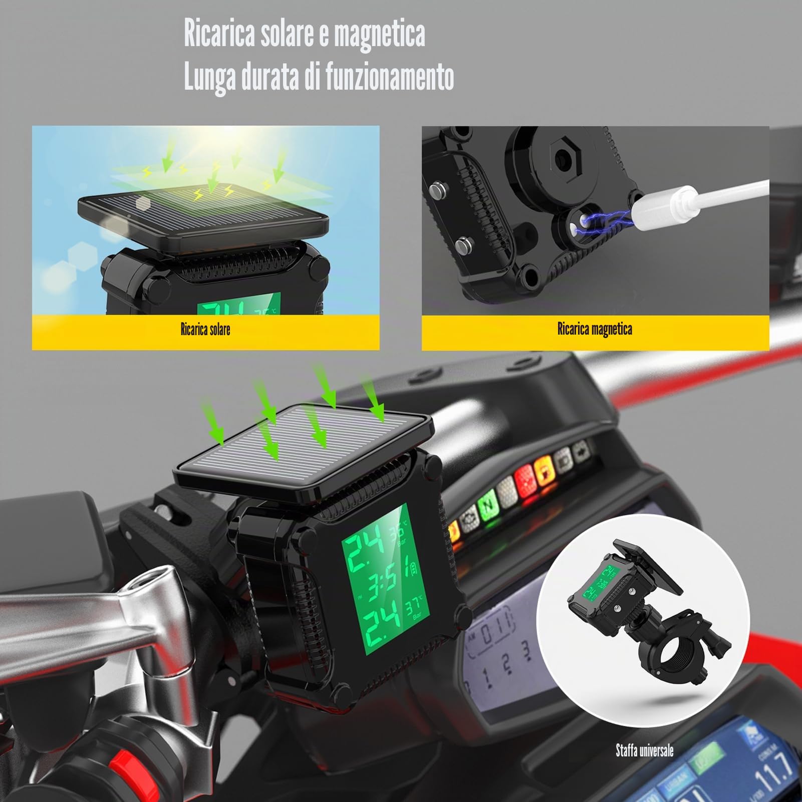Shkalacar Moto Sistema di Monitoraggio della Pressione dei Pneumatici, Ricarica Solare Allarme Pneumatici Moto Impermeabile con Ampio Schermo LCD 2 sensori Esterni