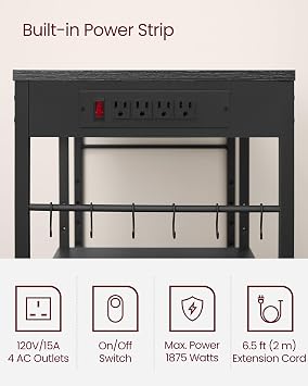 VASAGLE Kitchen Bakers Rack, Steel Frame, Wire Basket, 6 Hooks