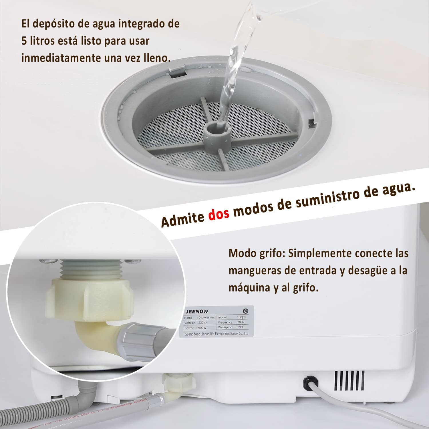 YU YUSING Mini Lavavajillas Pequeño 45 cm, 5 Cubiertos, 5+1 Programas, Secado PTC, con o sin Suministro de Agua, Lavavajillas Portatil Compacto, Tanque de 5 L, Pantalla LED, Blanco y Negro