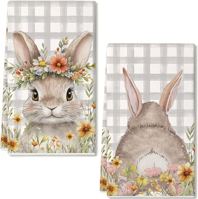GEEORY Easter Kitchen Towels Set of 2 Grey Buffalo Plaid Bunny & Floral Design (18x26 Inch)