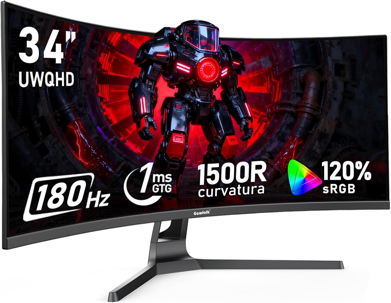 Gawfolk 34" Ultrawide Curved Gaming Monitor 180Hz 21:9 UWQHD 3440x1440 1500R 120% sRGB Adaptive Sync VESA Mountable