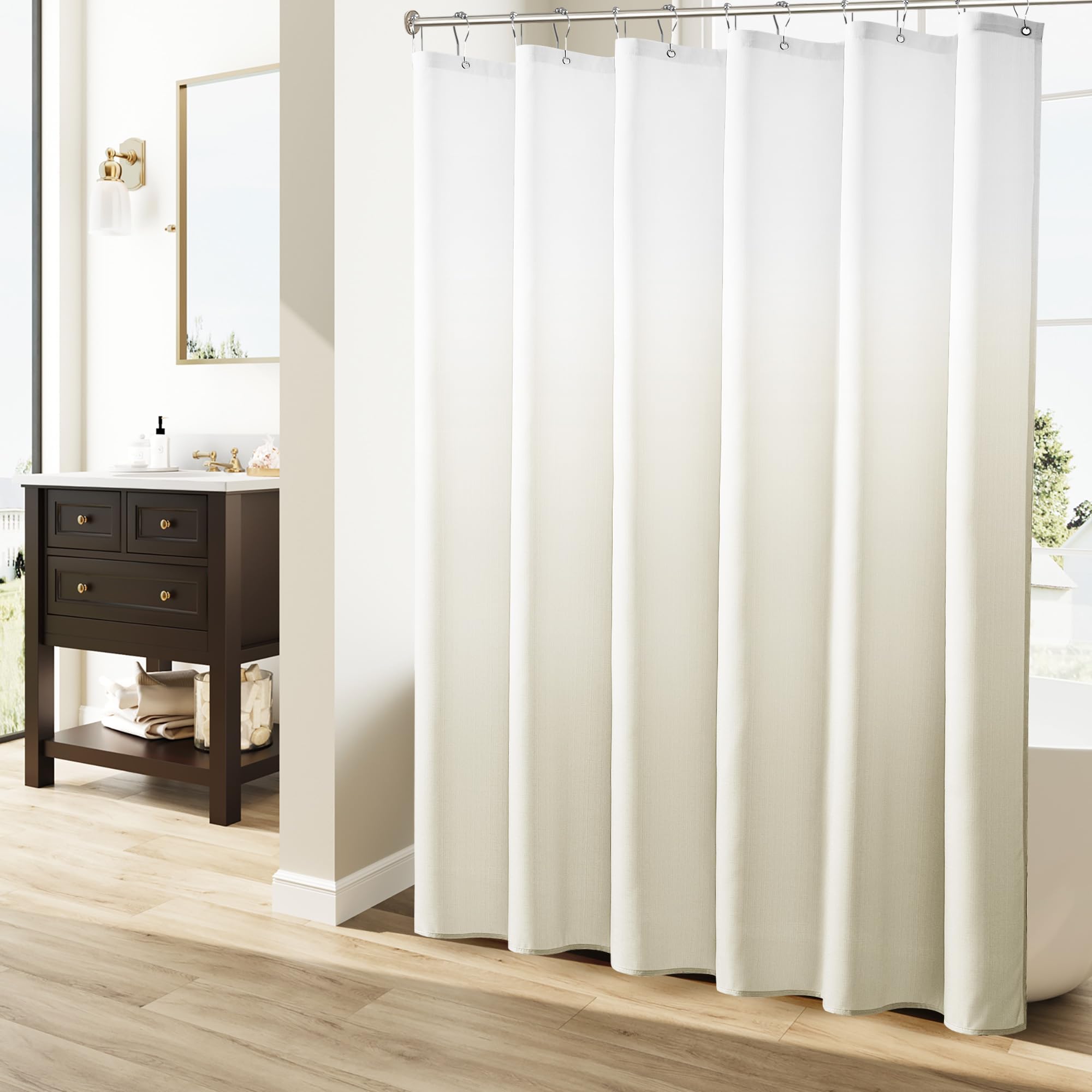 Warmbeige Ombré-Duschvorhänge fürs Badezimmer, wasserabweisendes Material mit Ösen und Haken, maschinenwaschbar 260x210cm/Breite x Höhe