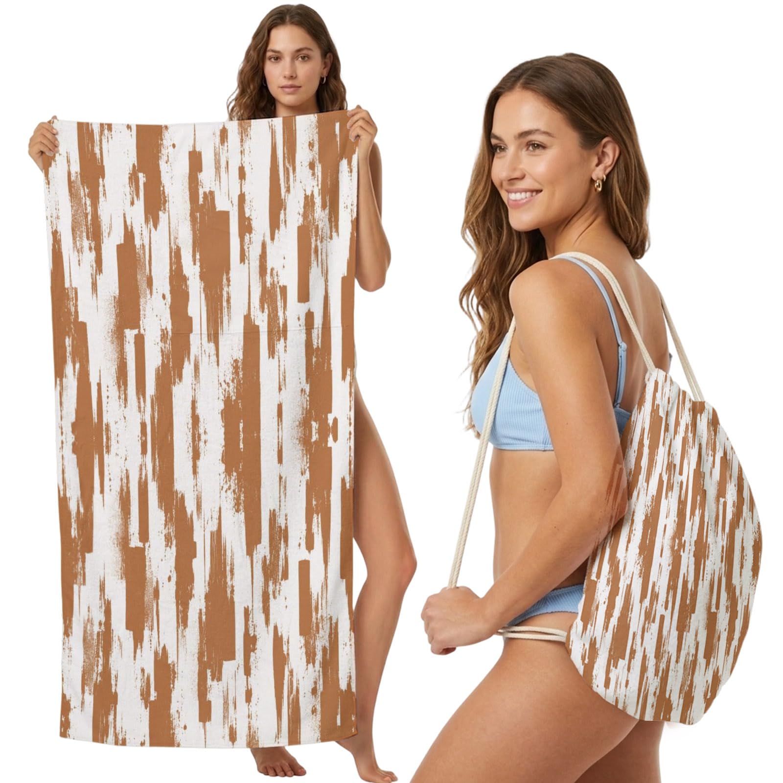 Beach Towel Bag 2 in 1 Orange Abstract Lines Bath Pool Towels Backpack Graffiti Vertical Stripes Absorbent Beach Towel Soft Quick Dry Lightweight Packable Towels Drawstring Bag for Travel Sports Yoga