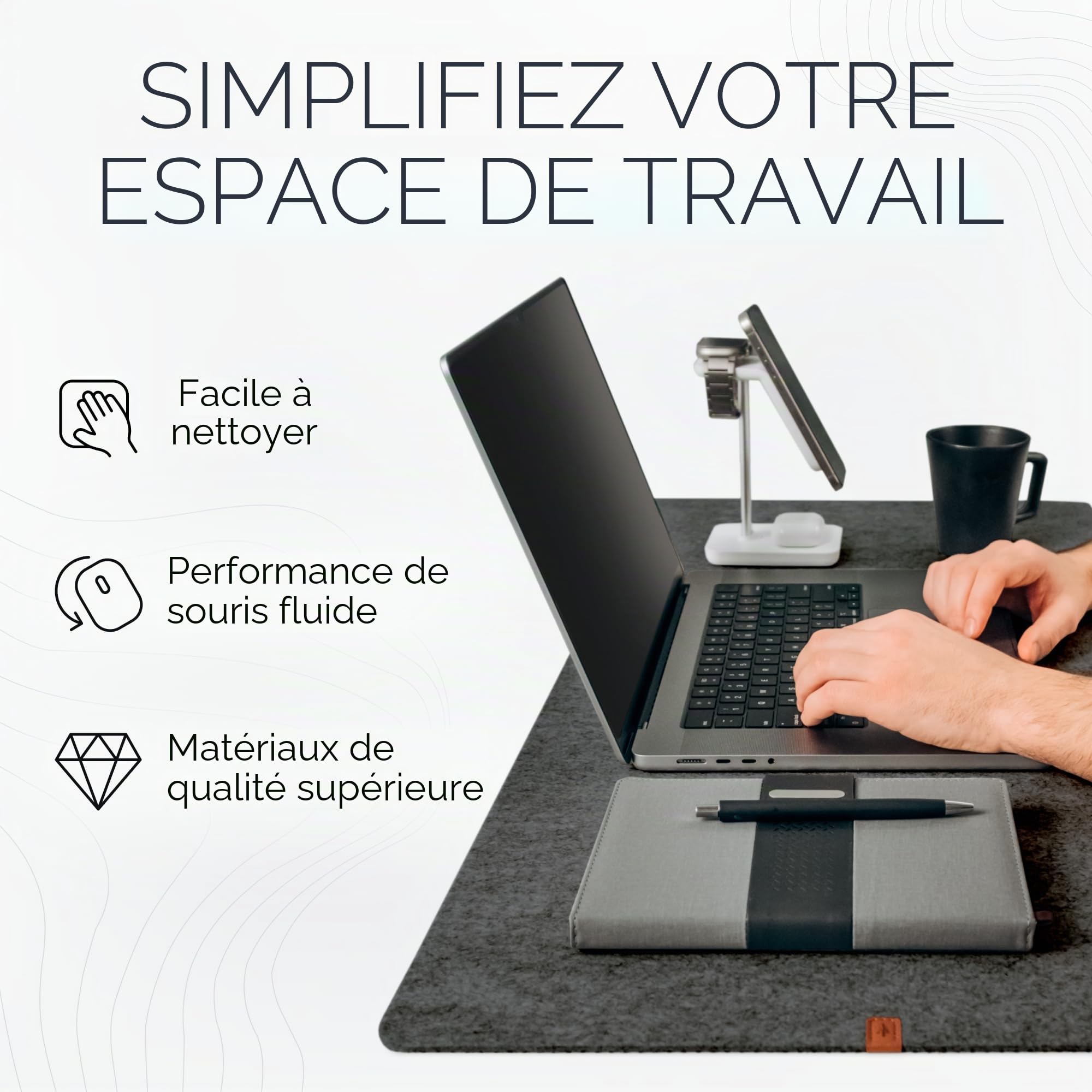 Nordik Grand sous-main en feutre – Anthracite – 89 x 43 cm – Couverture complète pour clavier et souris – Tapis de protection et mat – Sous-main de bureau pour bureau