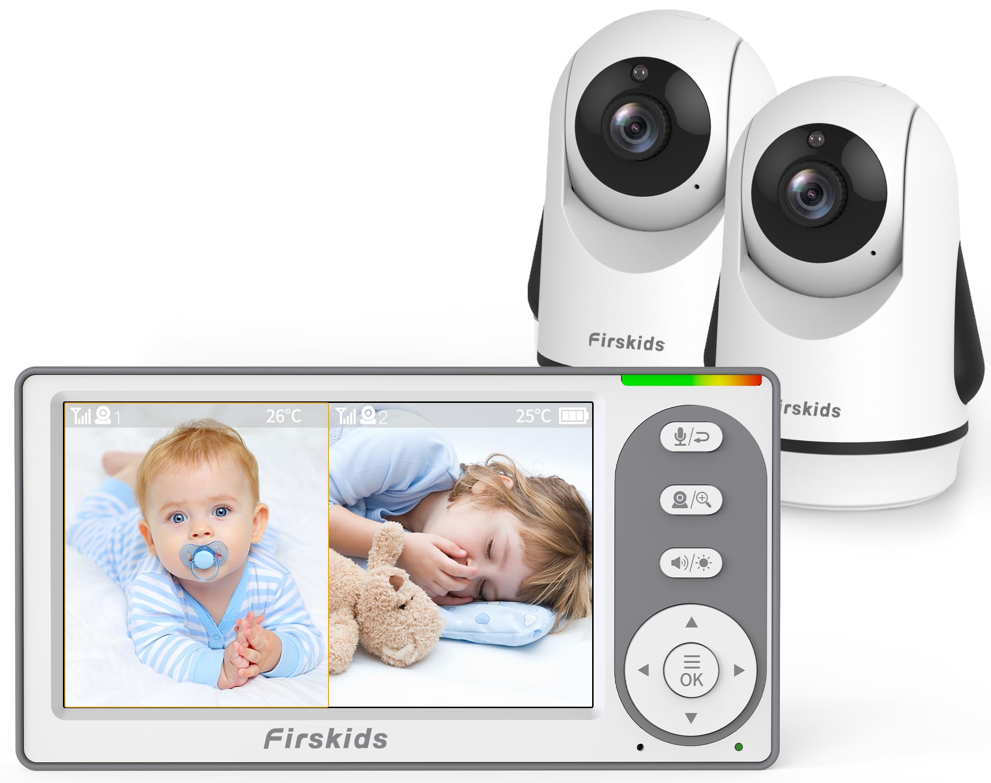 Firskids Split-Screen Baby Monitor with 2 Cameras No WiFi, 30H Battery, Pan-Tilt-Zoom, Monitor para bebés with Night Vision, 2-Way Audio, Room Temp