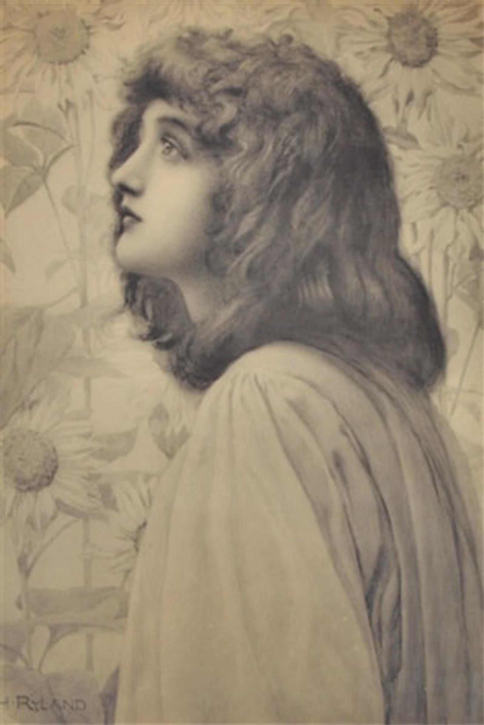 SERENDIPITP Aesthetic Poster Photo Wall Print Retro Picture Portrait of a Young Woman Before Sunflowers by Henry Ryland Modern Wall Artwork for Home Decor 60x90cm
